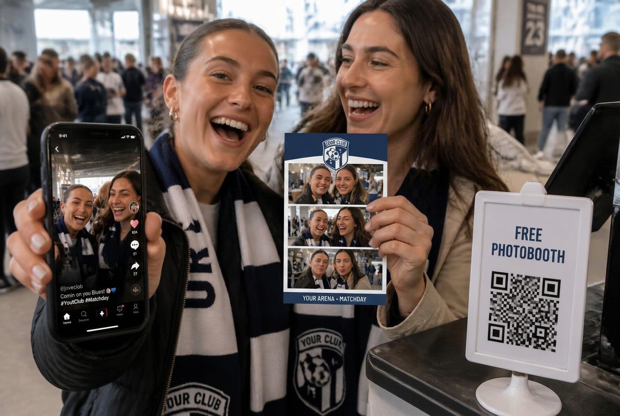 Two supporters on the arena concourse: one holds up her phone with the clip she just shared, the other a navy branded matchday postcard, next to a white “Free Photobooth” QR sign