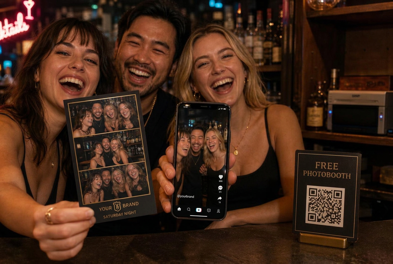 Friends laughing at the bar holding a branded photo card while a phone plays their clip