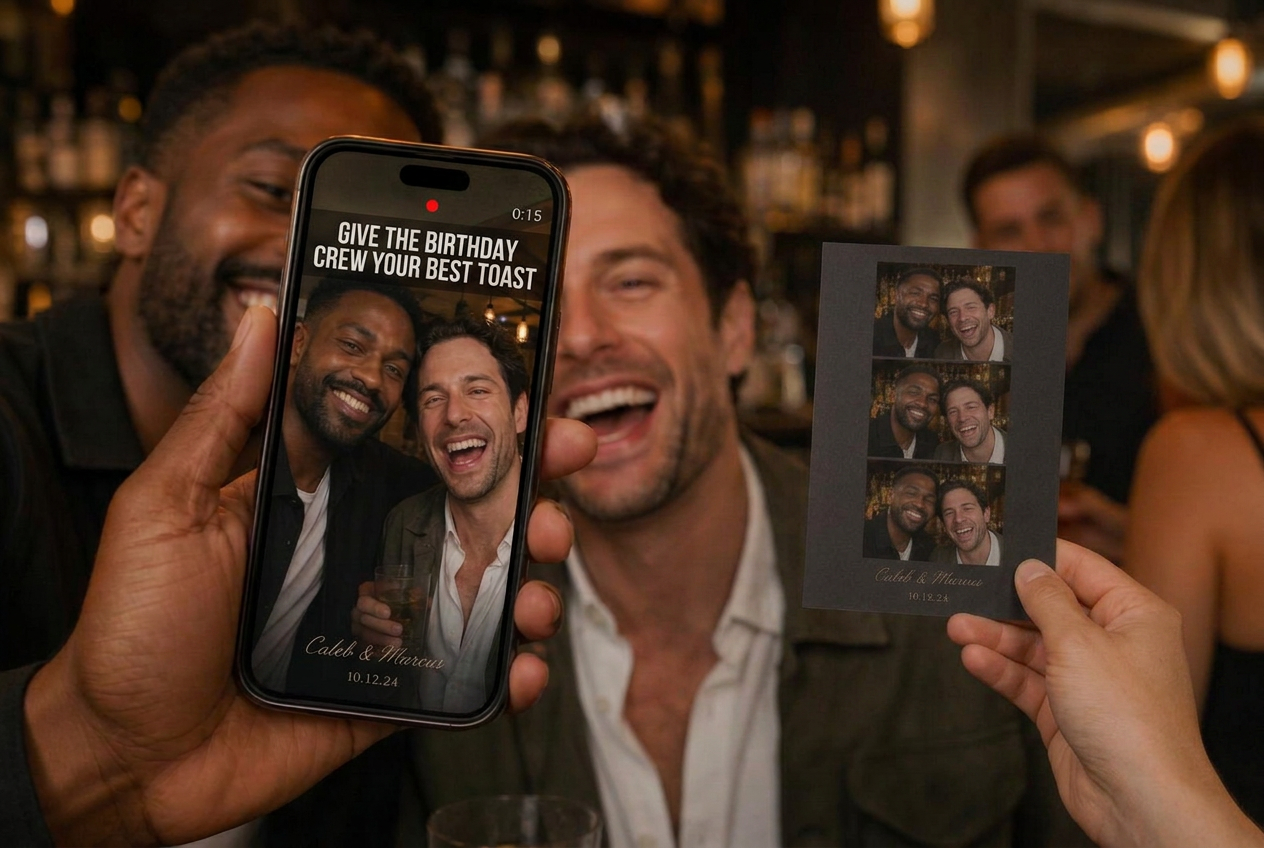 Birthday guests with a phone recording a live selfie toast challenge and the party photo postcard