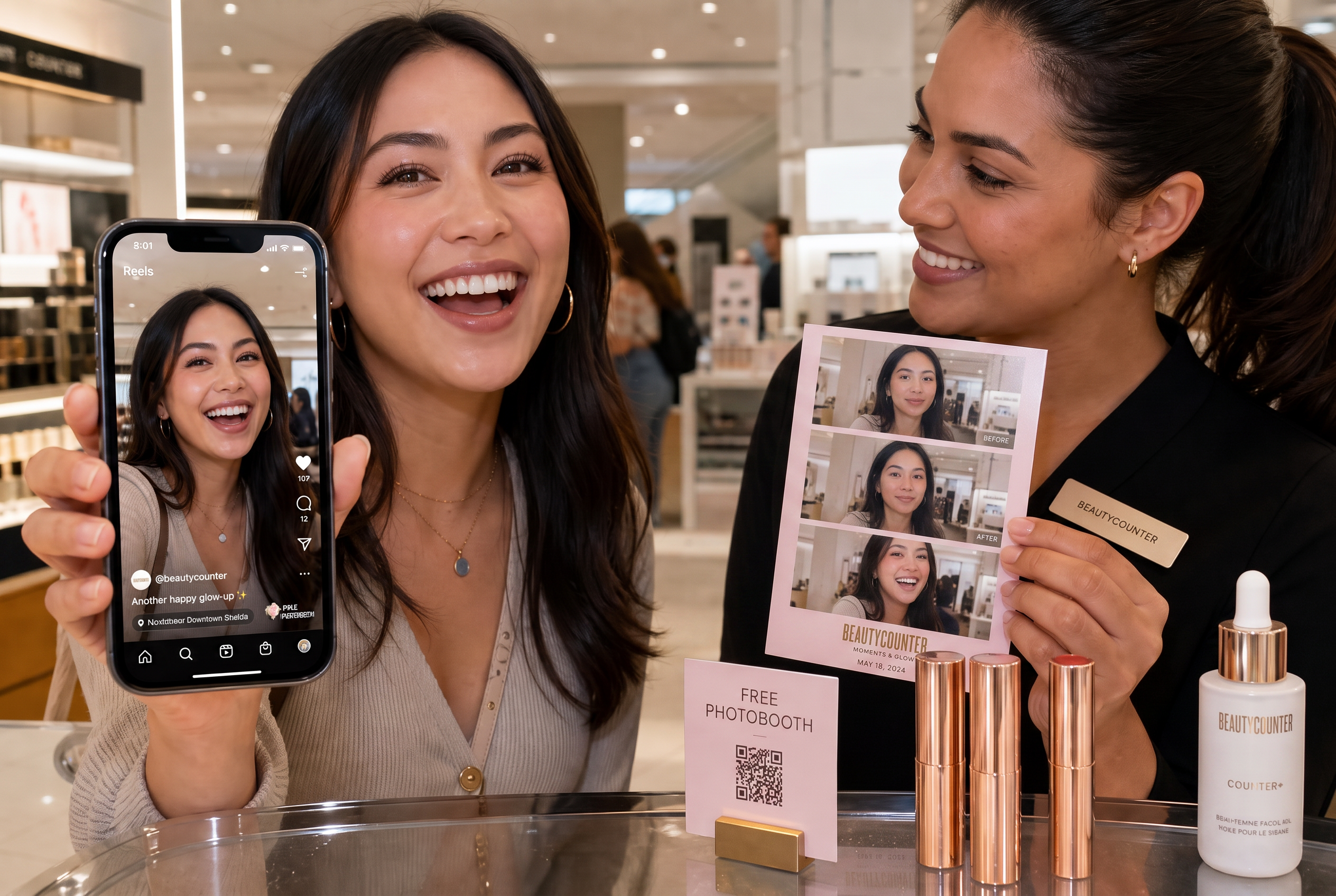 A guest at a beauty counter holding up her phone with the post she just shared, while the makeup artist holds a blush before and after postcard, next to a small “Free Photobooth” QR card by the lipsticks