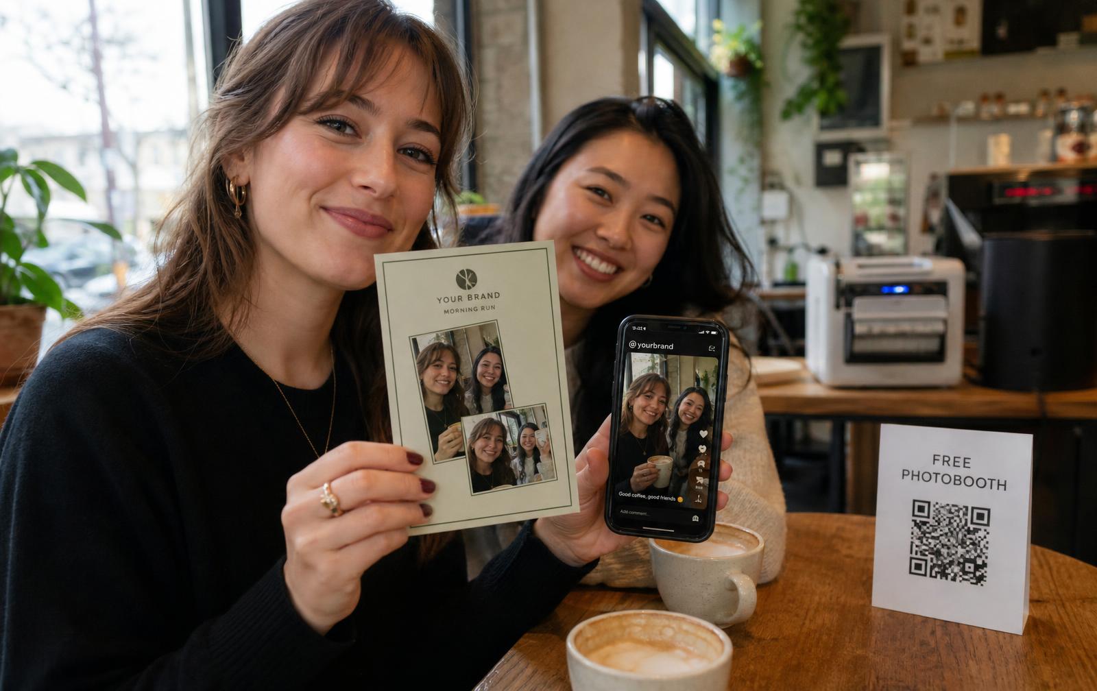 Two friends at a cafe window seat holding a branded photo card while a phone plays their clip