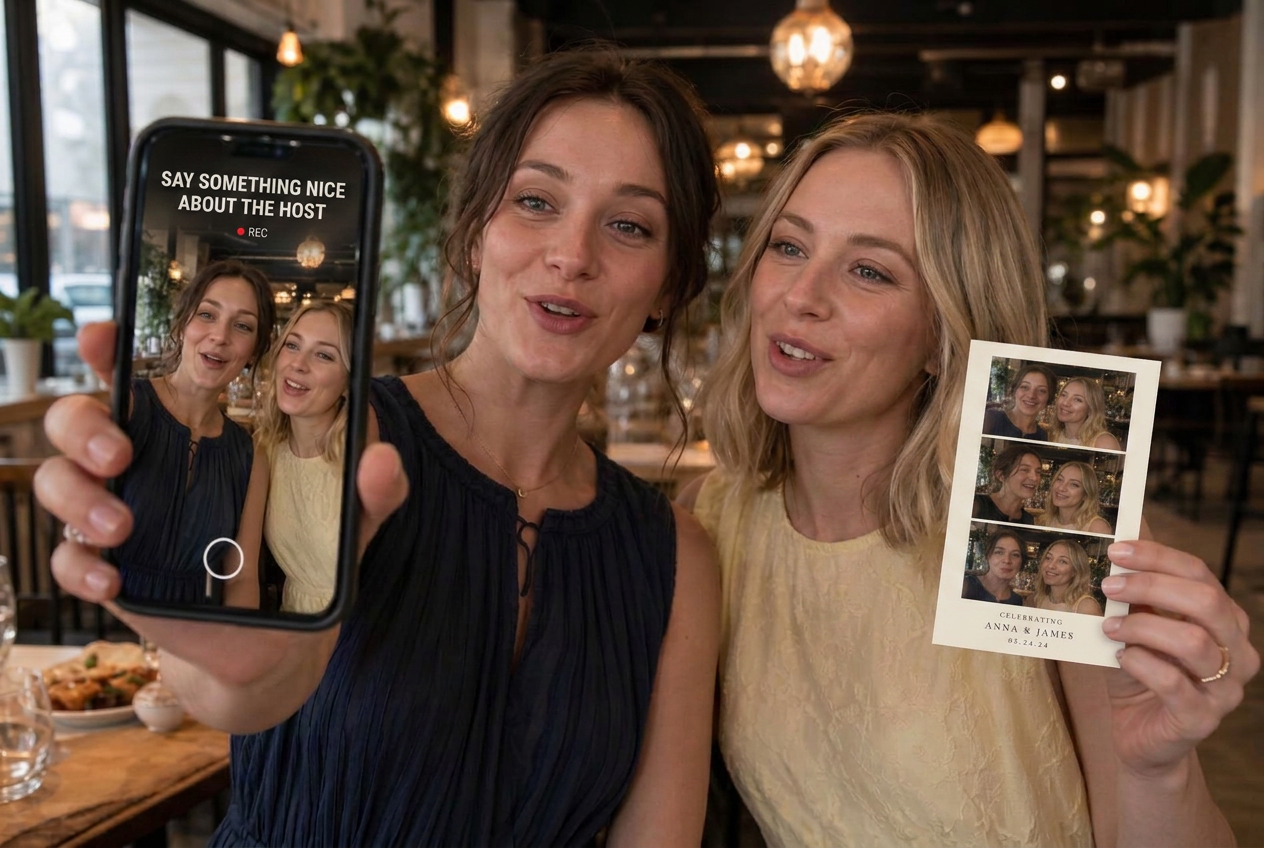 Baby shower guests with a phone recording a live selfie wish challenge and the celebration photo postcard