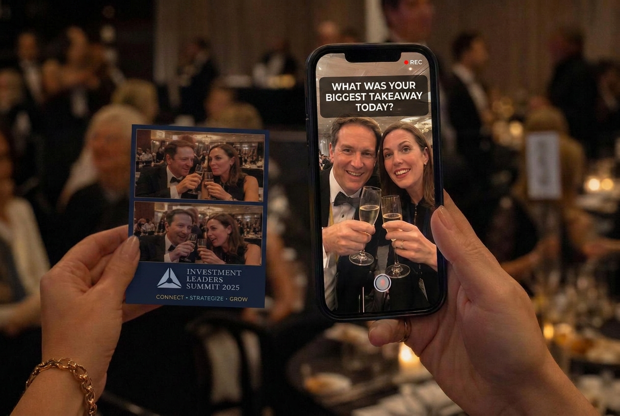 Gala guests with a phone recording a live selfie toast challenge, beside the evening's branded photo postcard