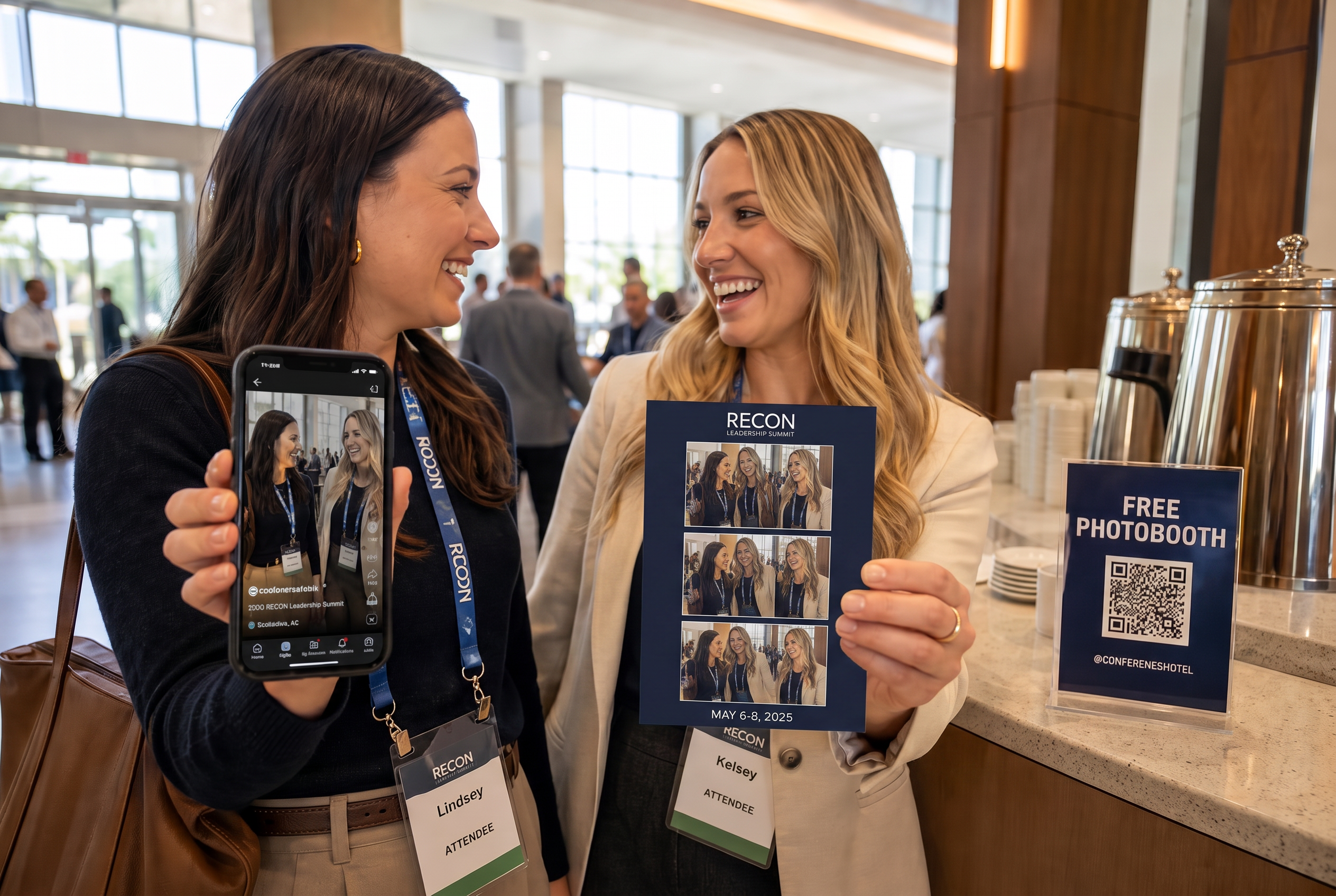 Two delegates holding a branded conference print and a phone with the clip in the foyer