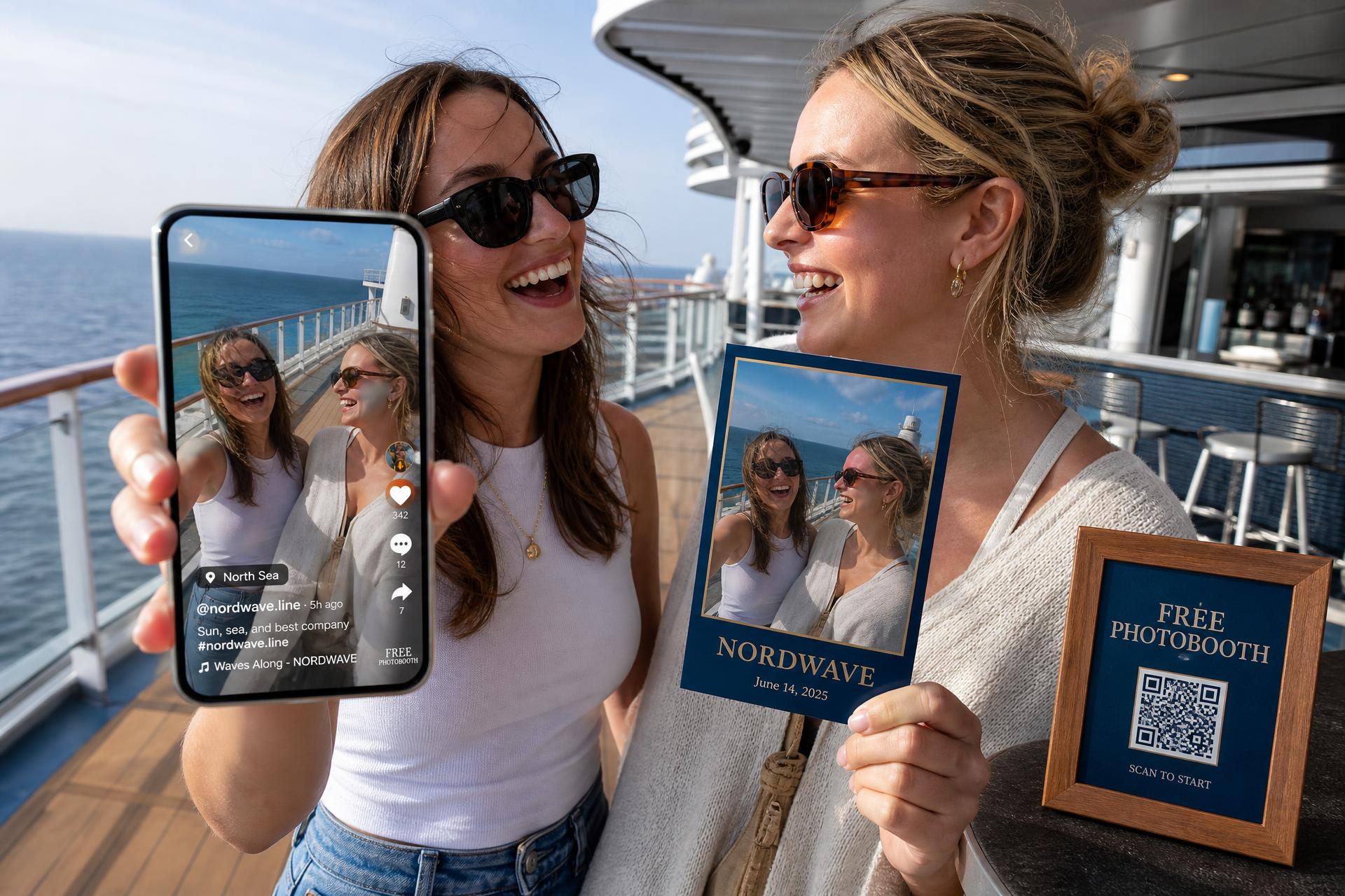 Two passengers on the sun deck holding a branded souvenir print and a phone with the clip