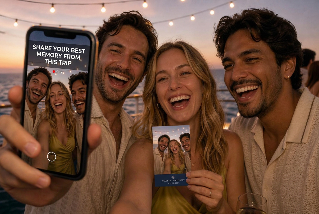 Party guests on deck with a phone recording a live selfie memory challenge and the hosts' photo postcard