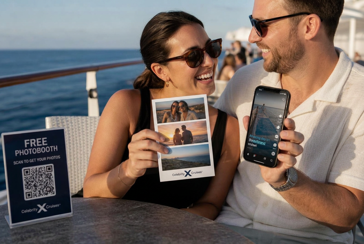 A couple on the sun deck holding a souvenir photo card and a phone showing the clip from the crossing