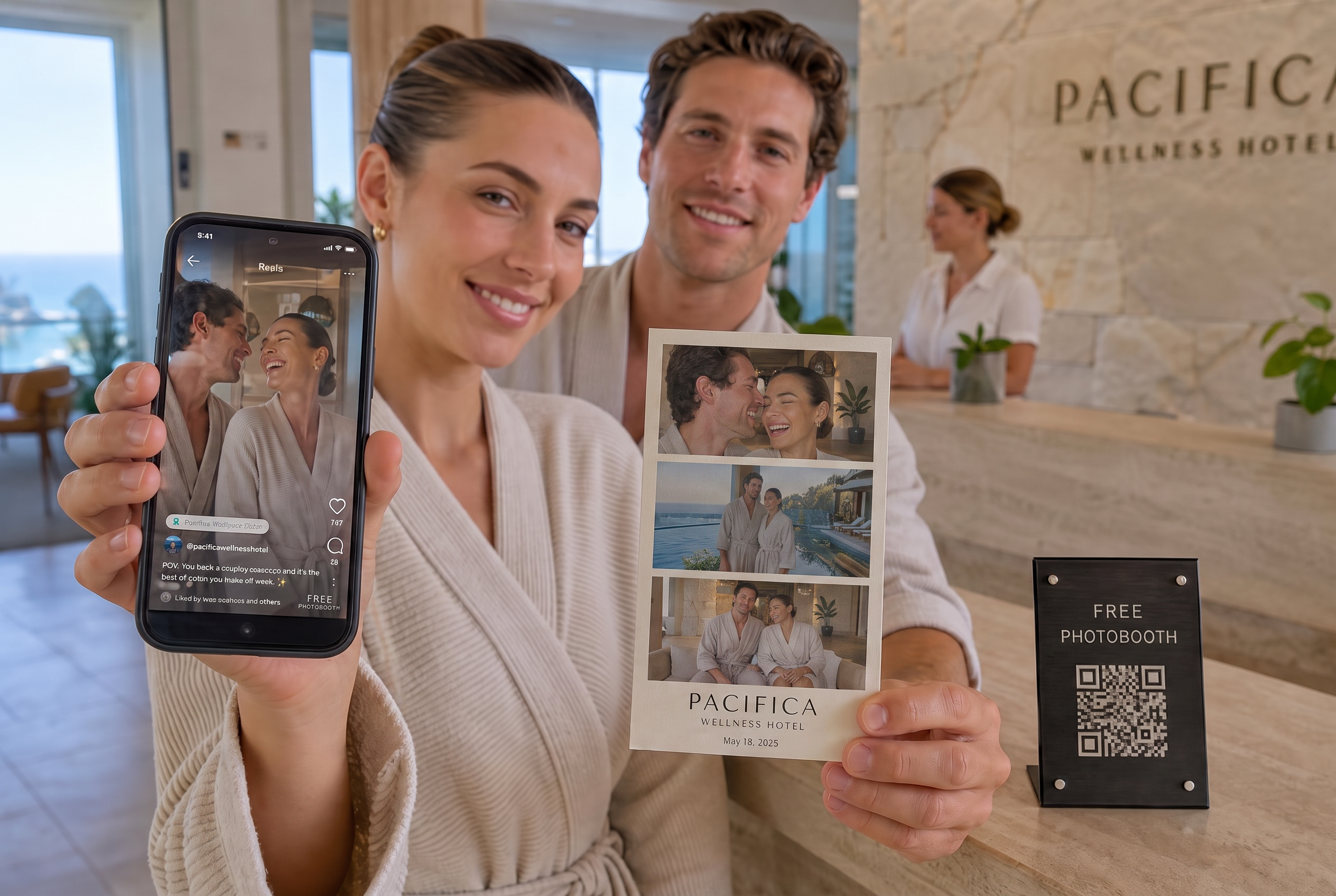Hotel guests in robes holding a branded print and their own phone with the clip in the lobby