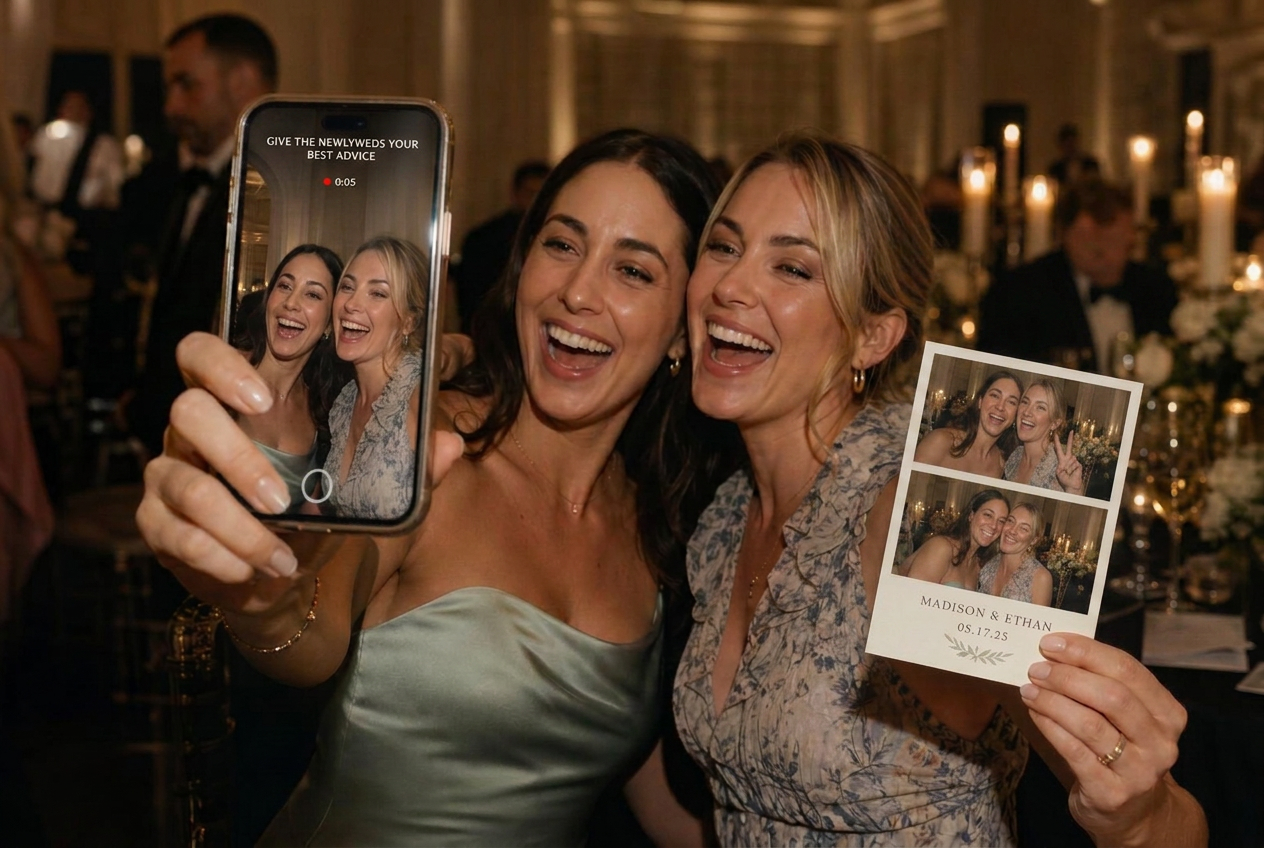 Wedding guests holding a phone recording a live selfie video with the challenge prompt asking for advice to the newlyweds, next to the couple's photo postcard