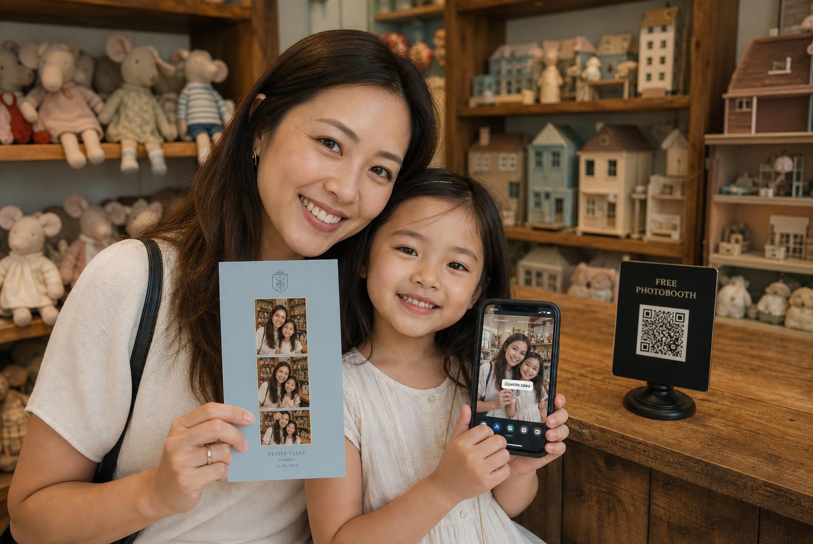 A mother and daughter in a brand toy store: the mother holds a dusty blue branded photo postcard while the daughter holds up her phone with the clip she is about to share, next to a small black “Free Photobooth” QR plate on the wooden counter