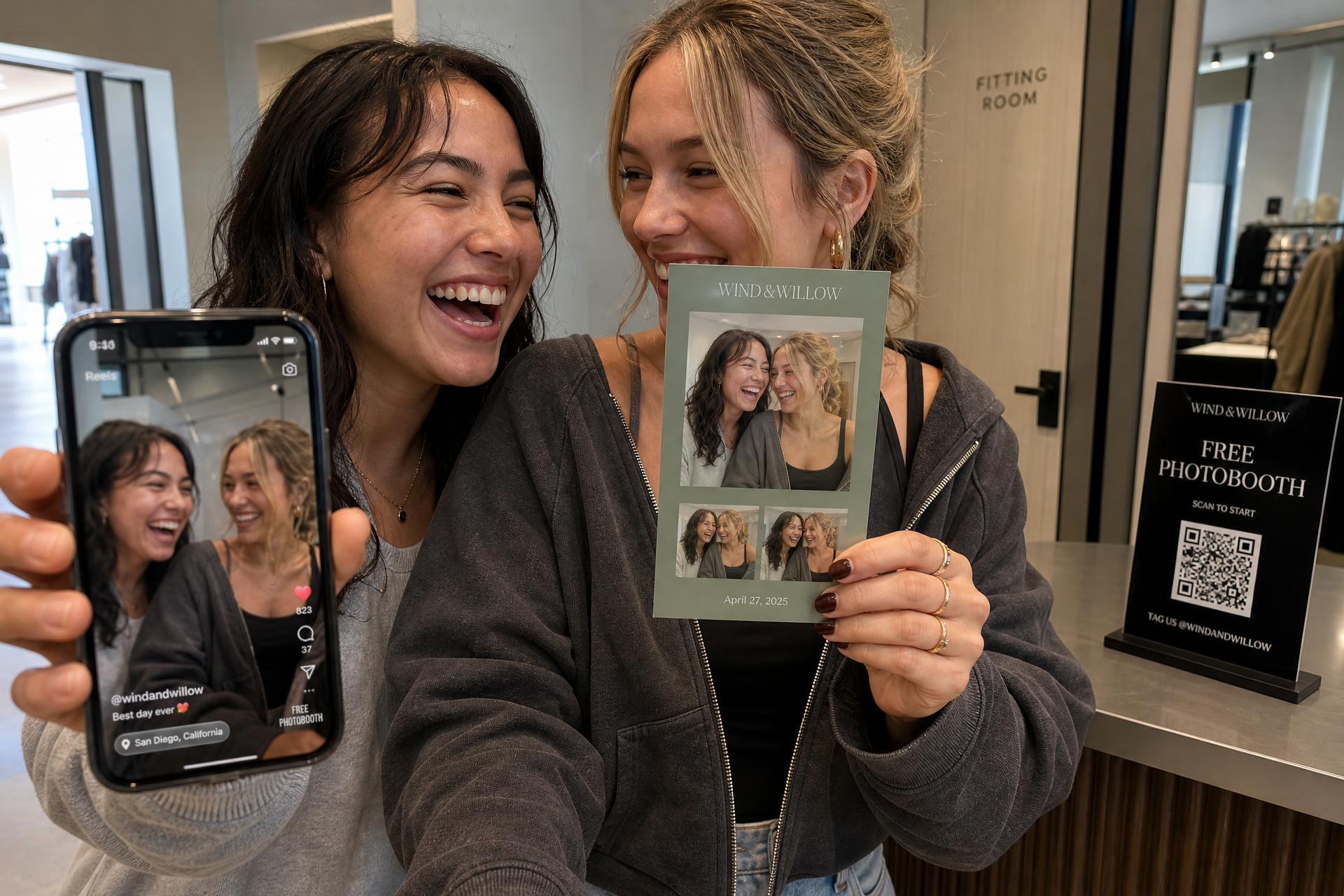 Two friends laughing by the fitting rooms: one holds up her phone with the clip she just shared, the other holds a sage green branded photo postcard, next to a small black “Free Photobooth” QR plate on the counter