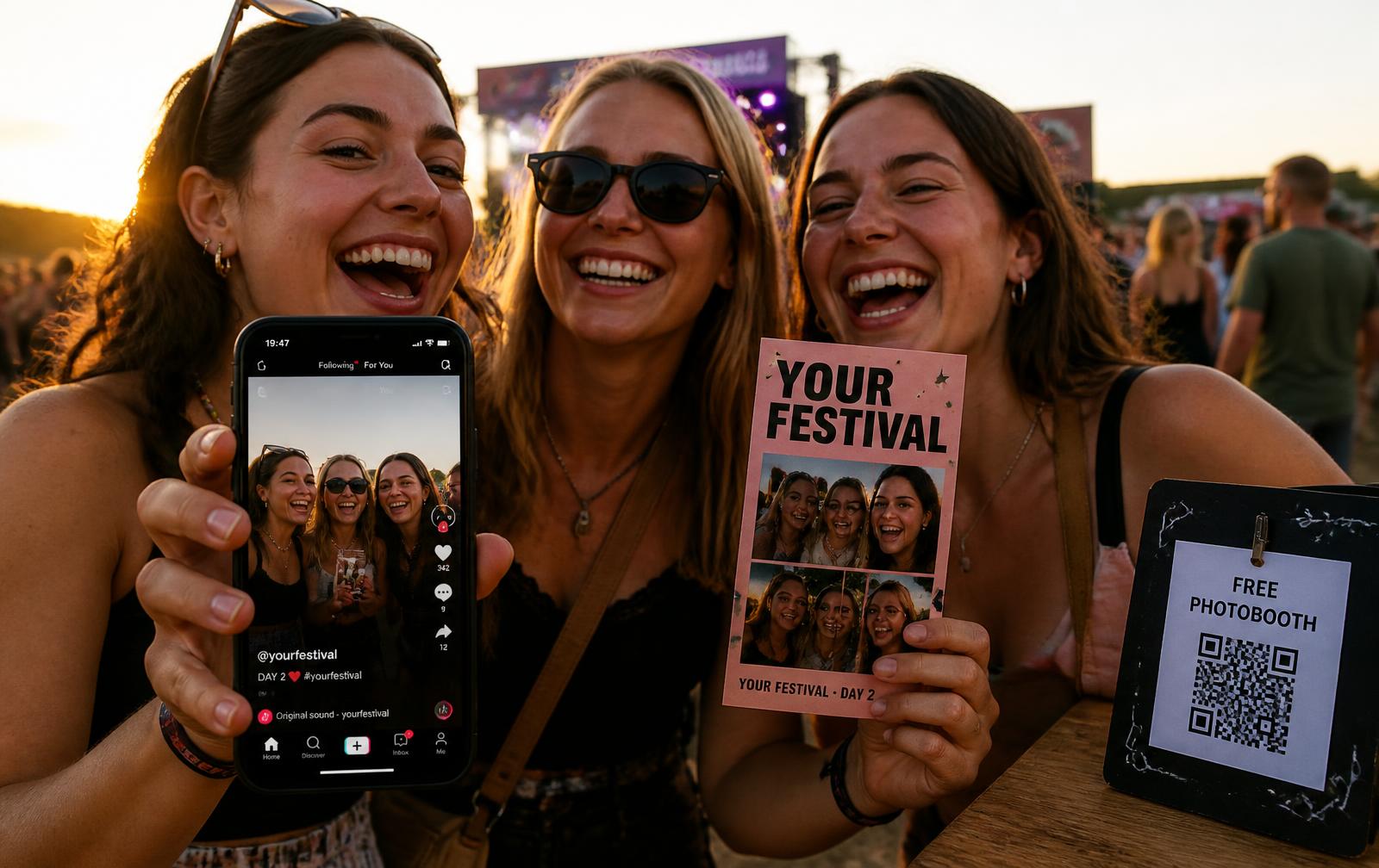 Three friends at a festival at sunset: one holds up her phone with the clip she just shared, another a dusty pink branded festival postcard, next to a “Free Photobooth” QR sign