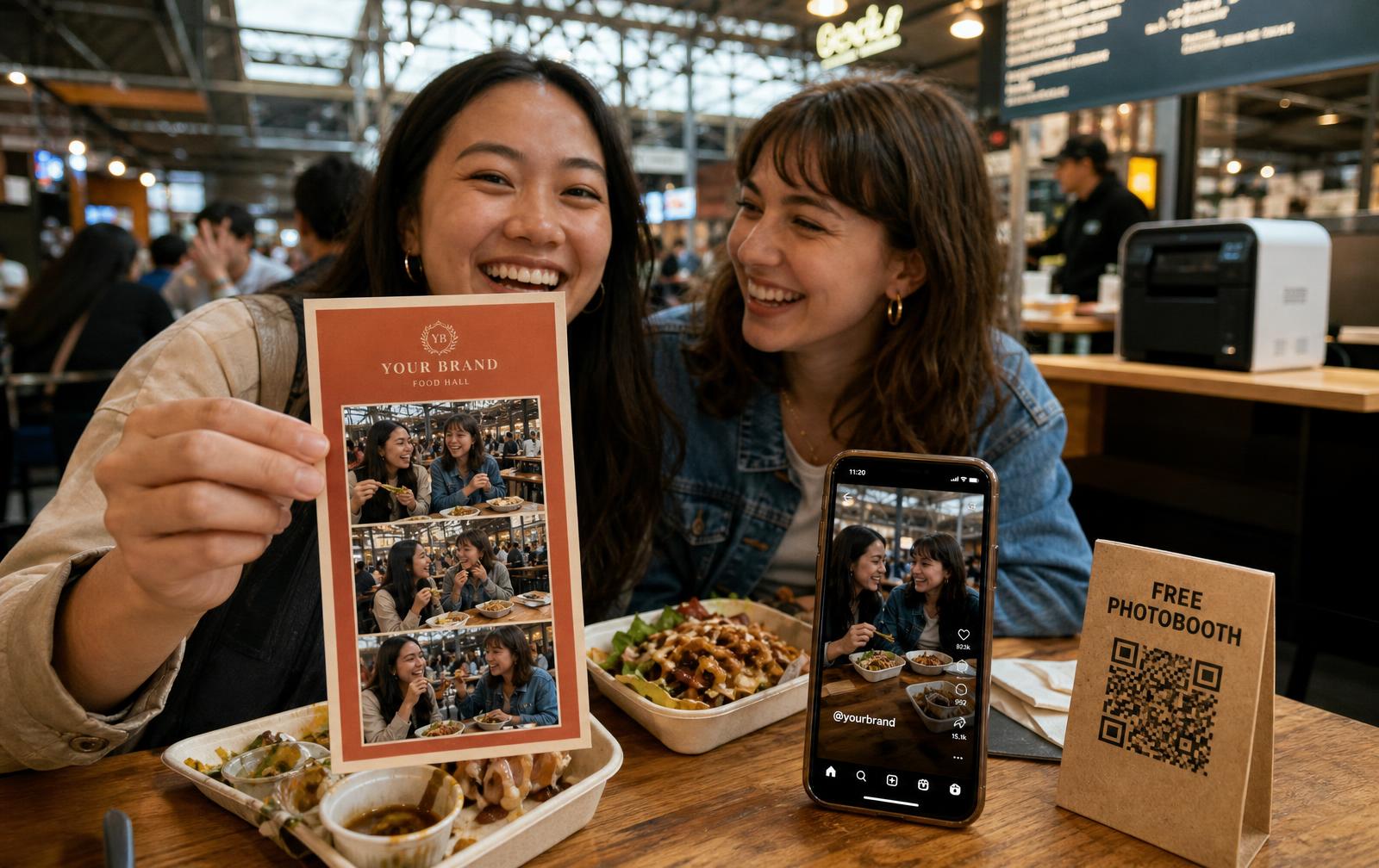 Two friends at a food hall table holding a branded photo card while a phone plays their clip