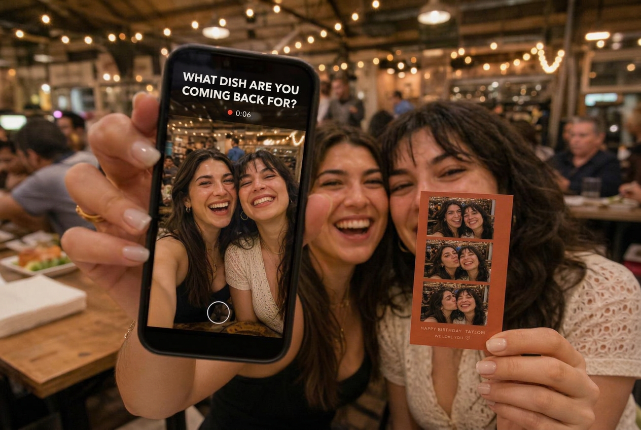 Colleagues at a company buyout with a phone recording a live selfie highlight challenge and the event photo postcard