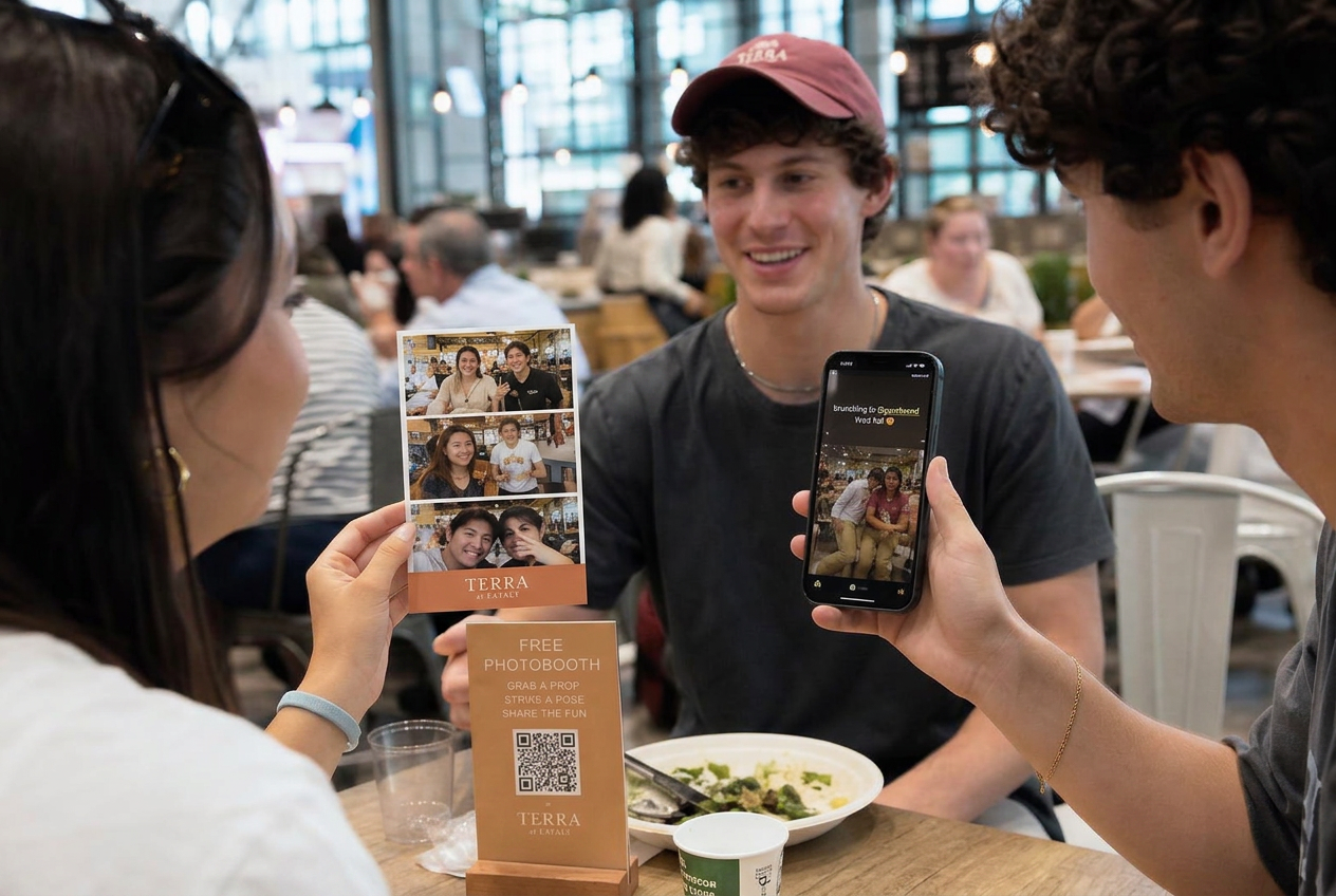 Two friends at a food hall table with a branded photo card and a phone showing the clip they will post