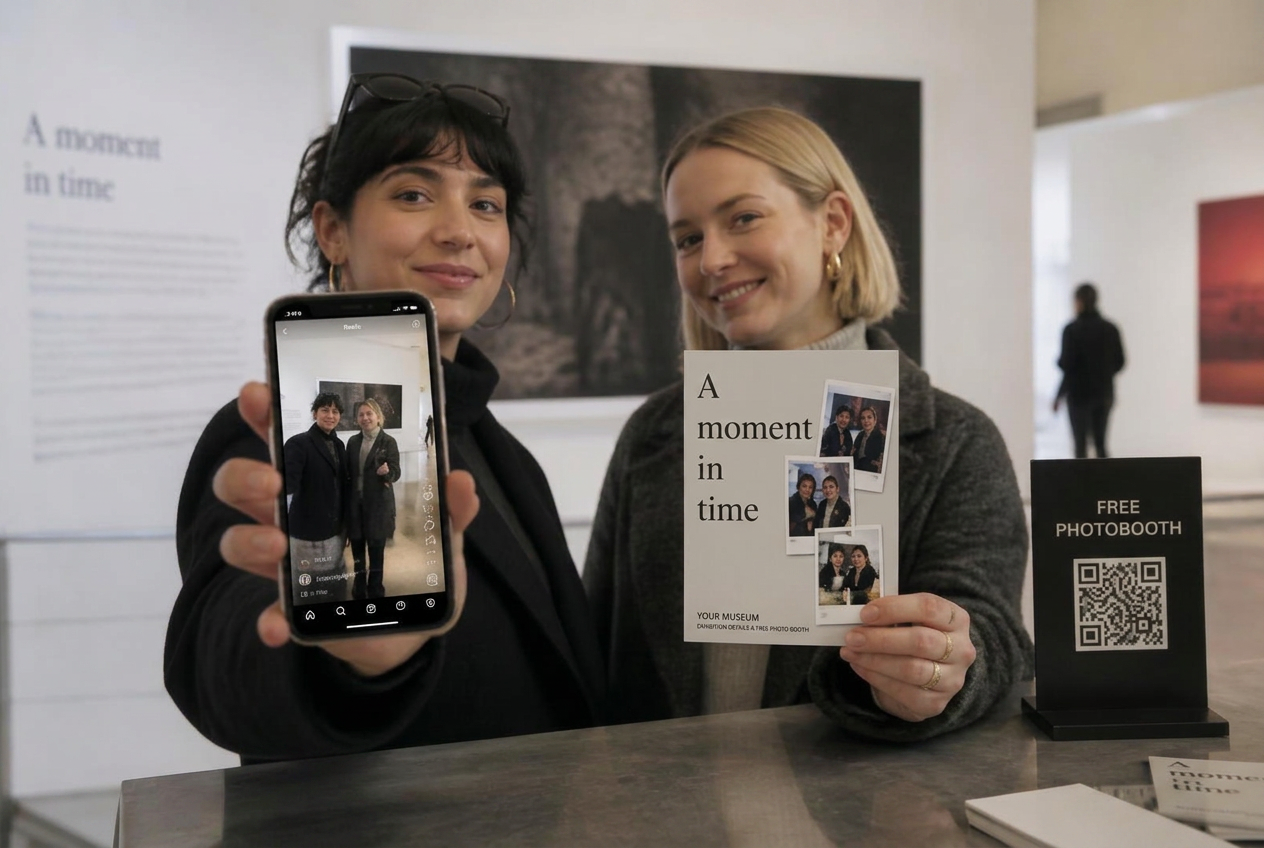 Two visitors in a museum gallery: one holds up her phone with the clip she just shared, the other a stone grey branded exhibition postcard, next to a black “Free Photobooth” QR card