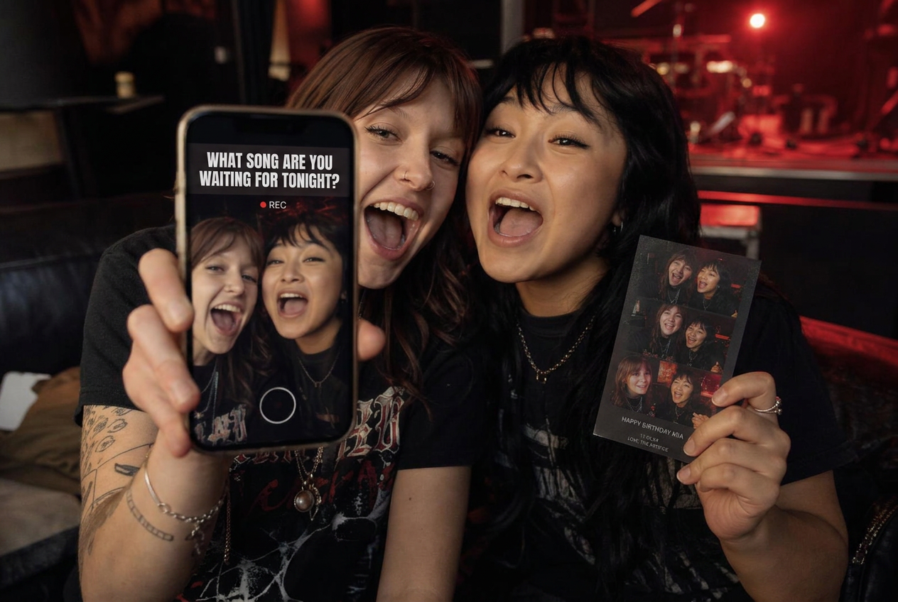 Guests at a private party with a phone recording a live selfie video challenge and the party photo postcard