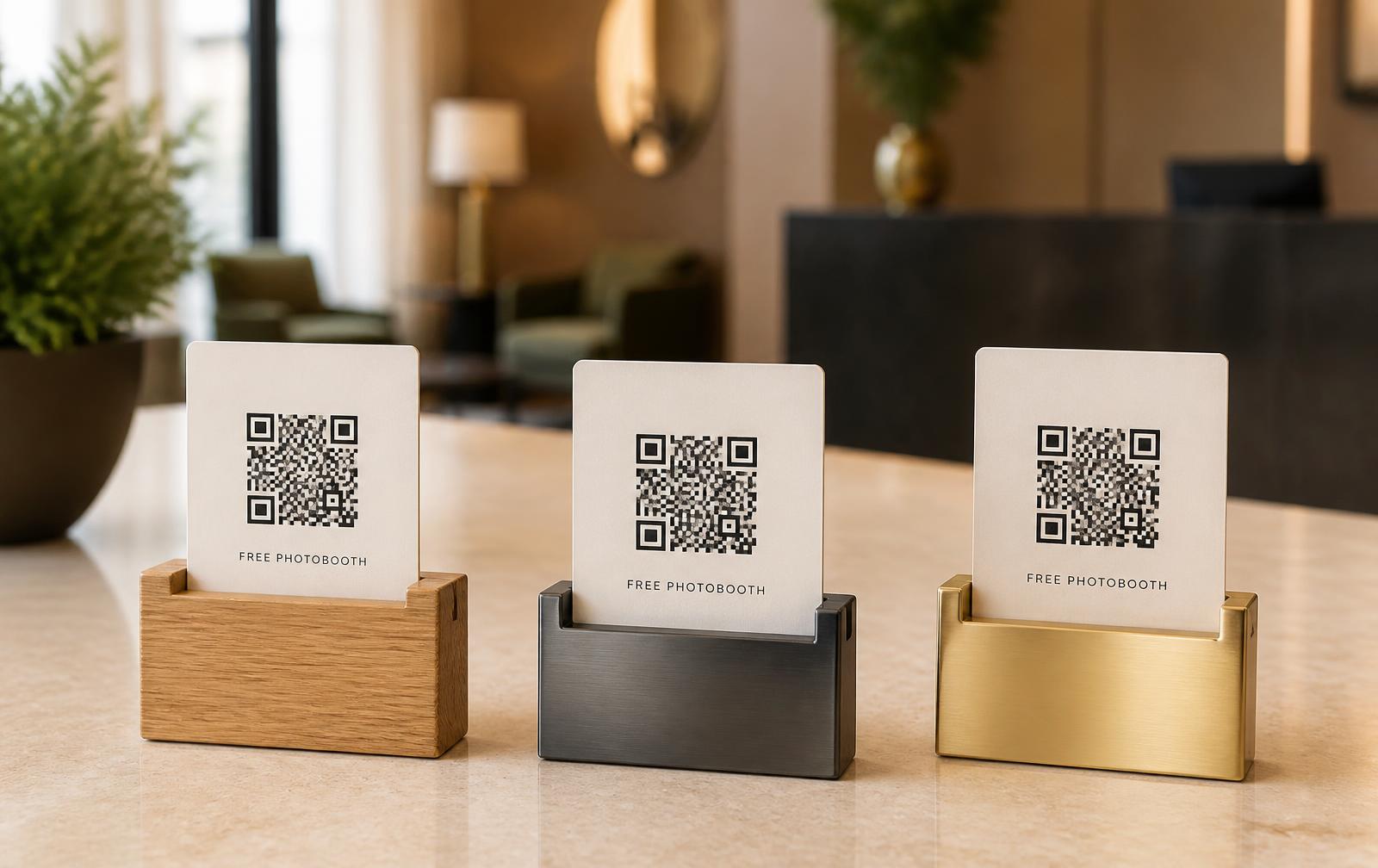 Framed QR code cards on a hotel reception desk
