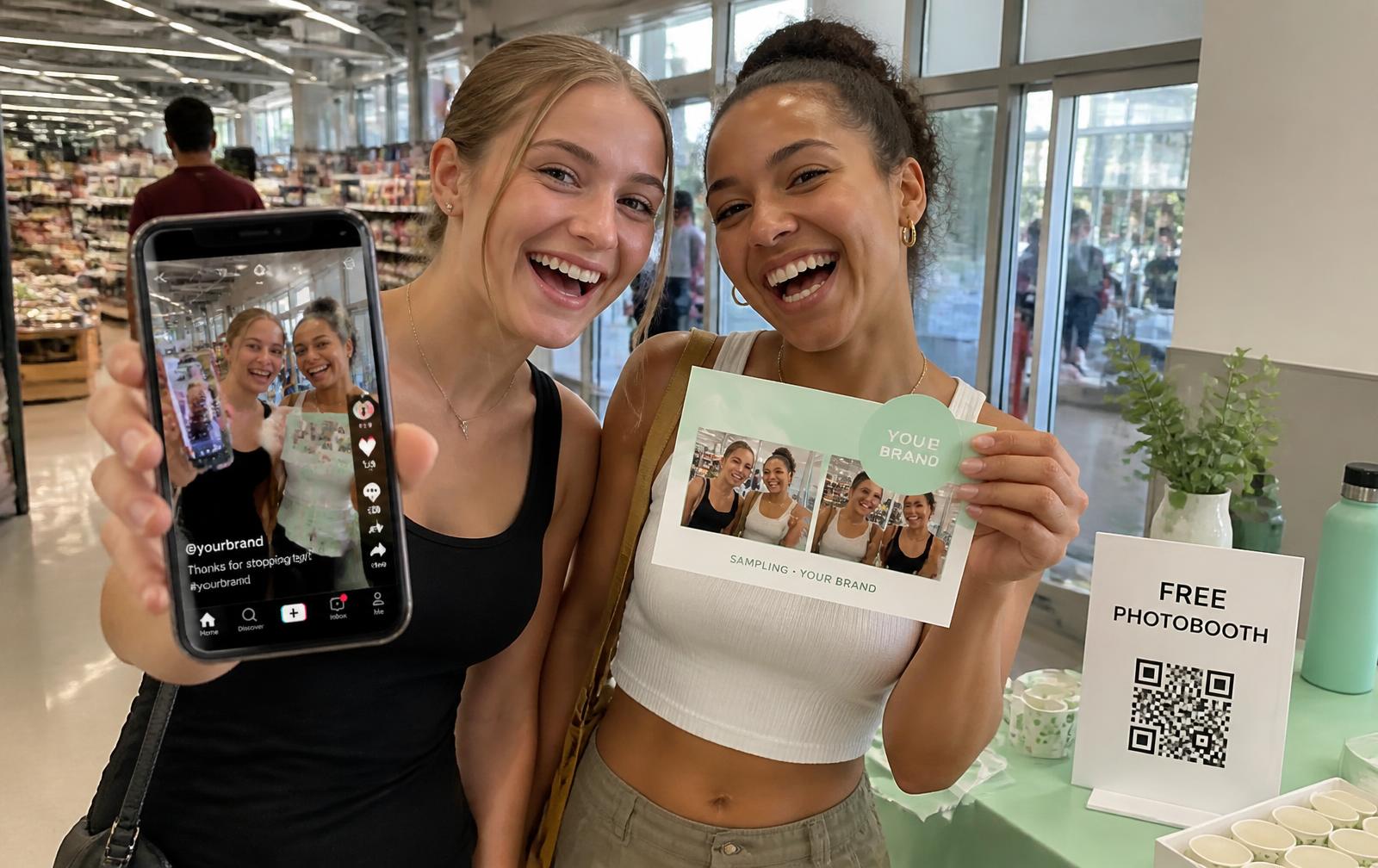Two shoppers at a sampling table: one holds up her phone with the clip she just shared, the other a mint green branded postcard, next to a white “Free Photobooth” QR sign