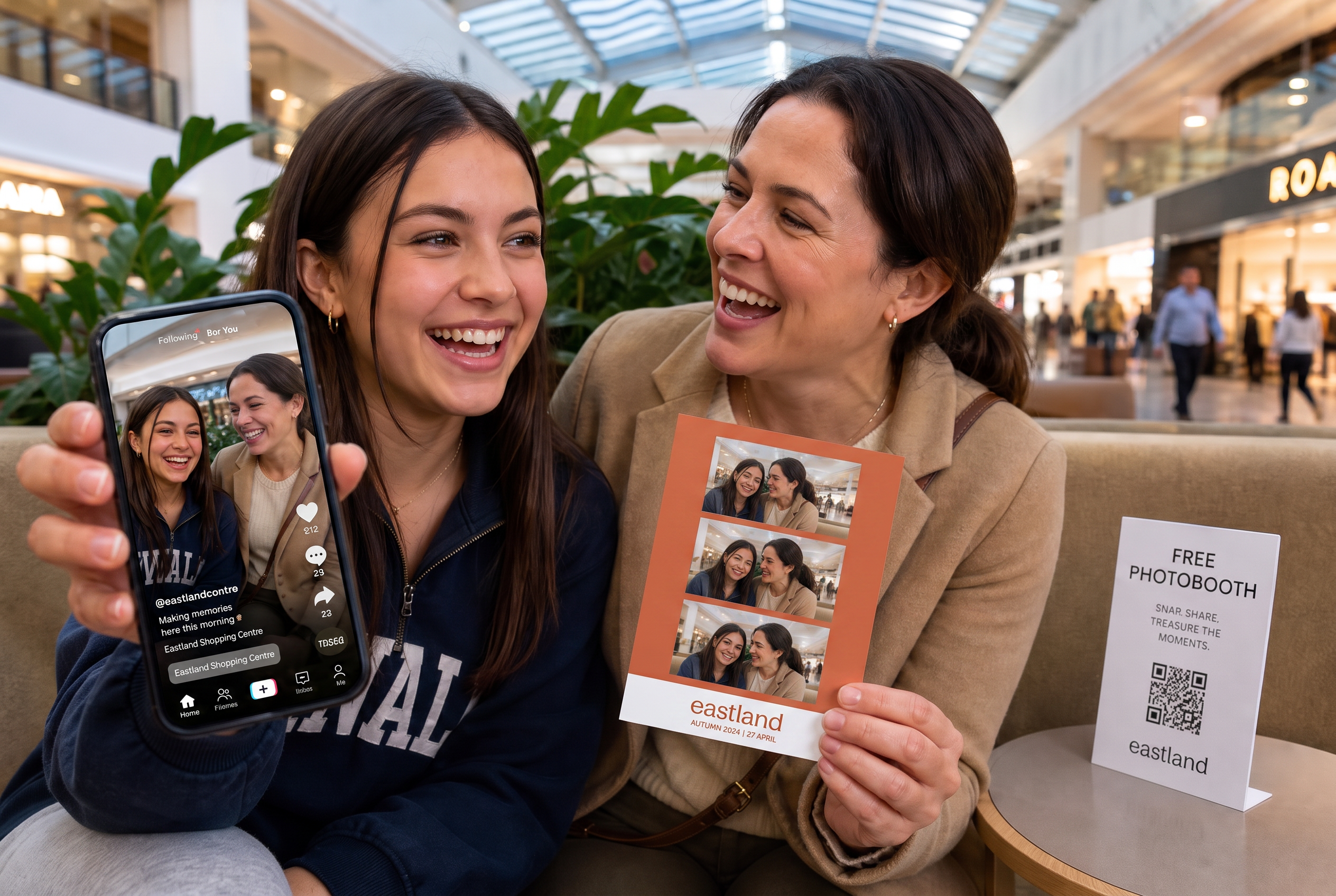 A mother and daughter in a shopping centre: the daughter holds up her phone with the clip she just shared, the mother holds a terracotta branded photo postcard, next to a small “Free Photobooth” QR sign