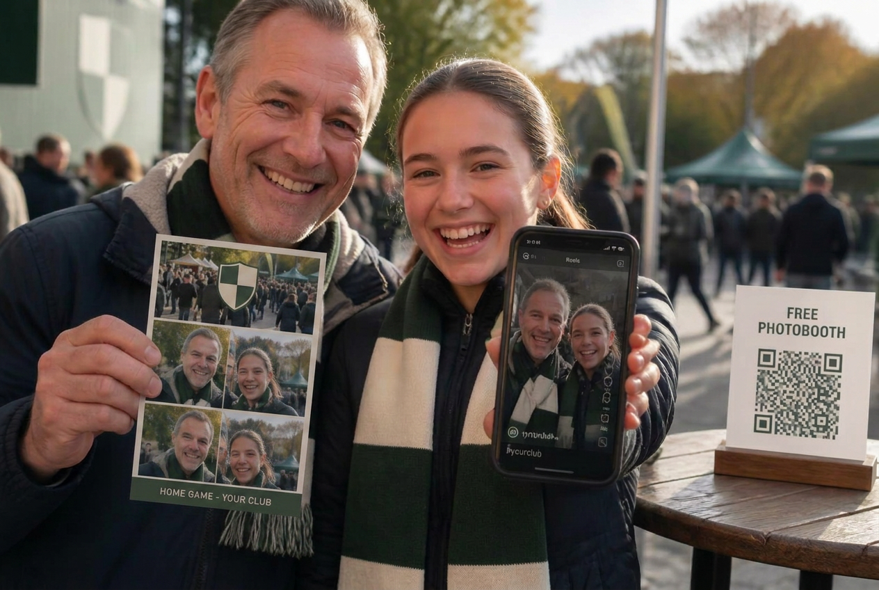 A father and daughter in the fan zone: she holds up her phone with the clip she just shared, he holds a green branded matchday postcard, next to a “Free Photobooth” QR card