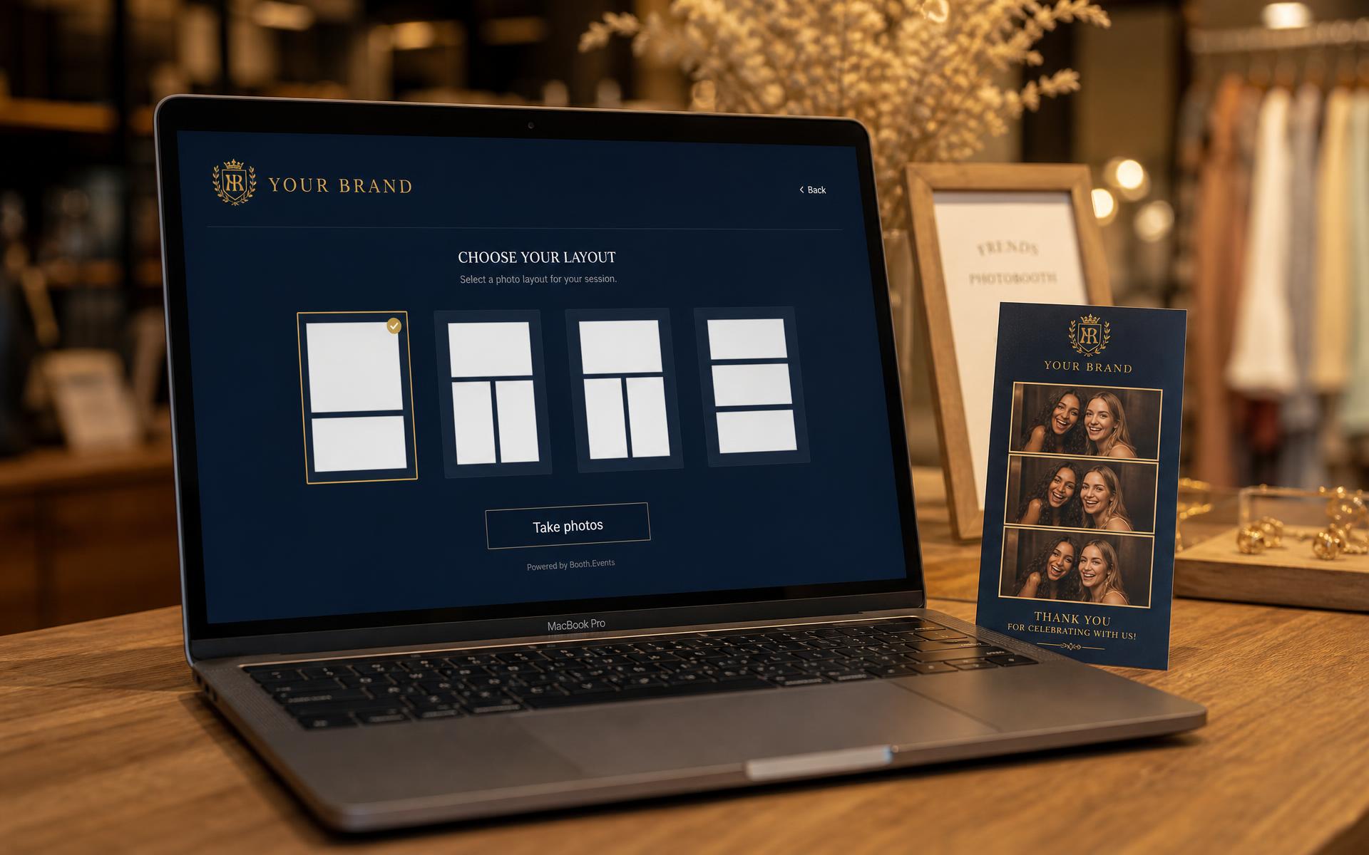 A laptop showing the dark branded capture flow next to a matching printed photo card