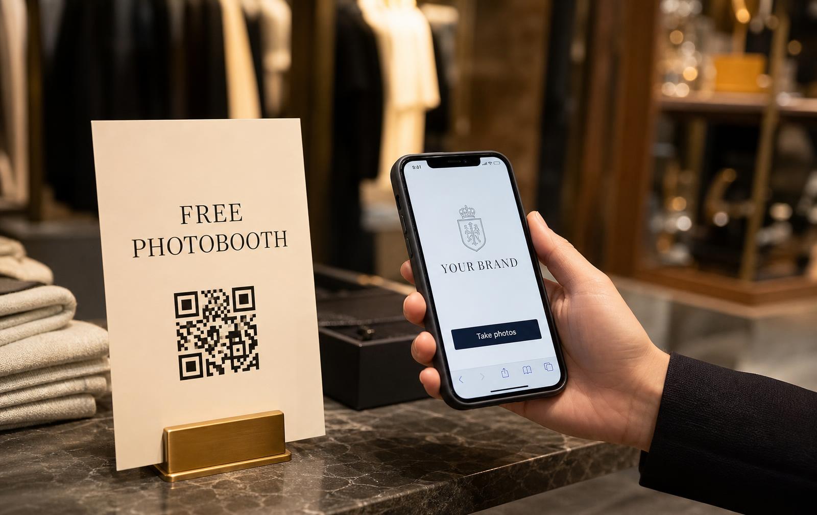 A small Free Photobooth card with a QR code on a shop counter being scanned with a phone