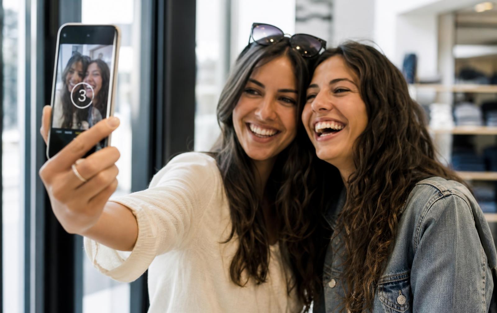 Two friends laughing while taking photos on their own phone in a store