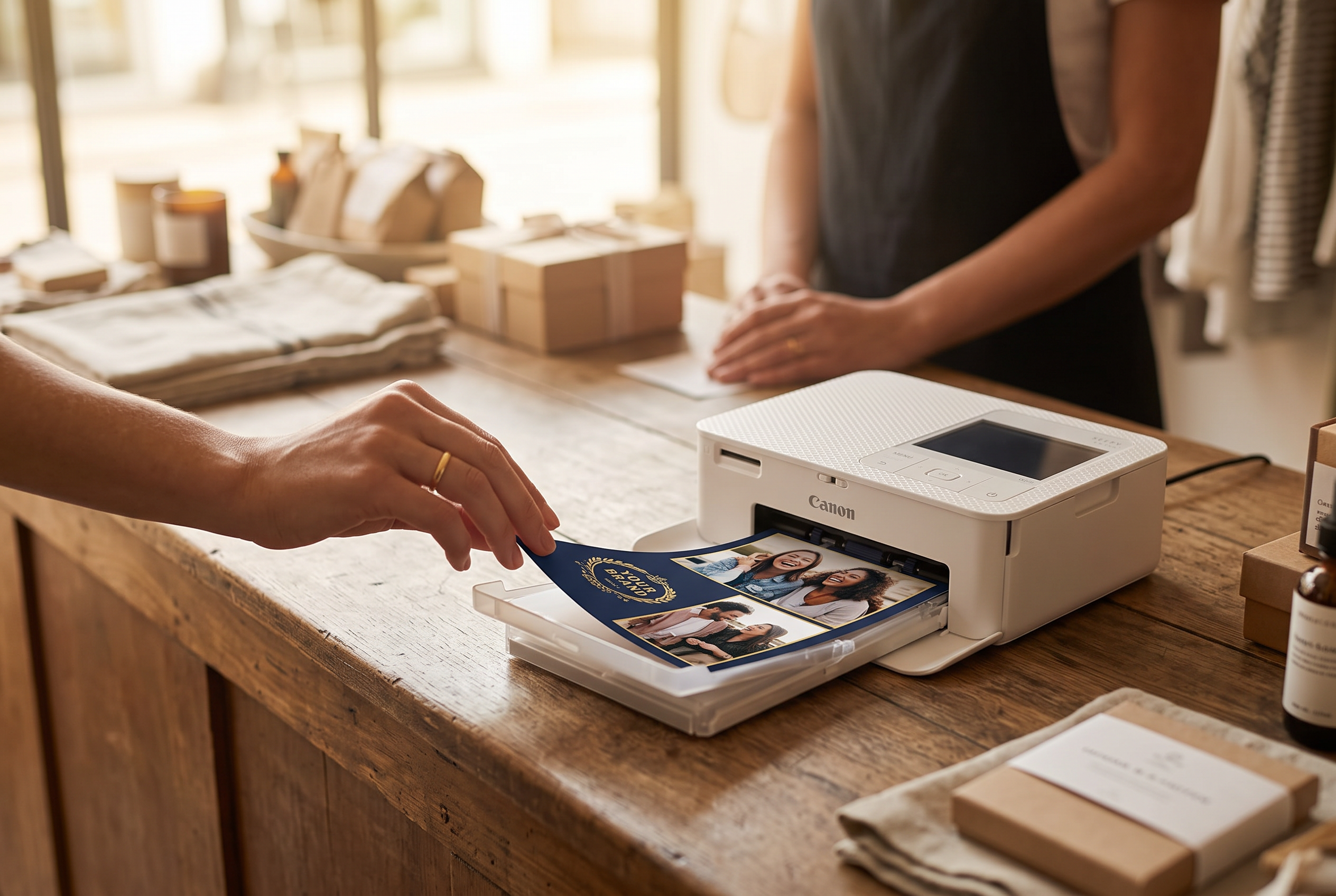 A small Canon SELPHY photo printer behind the counter feeding out a branded photo card