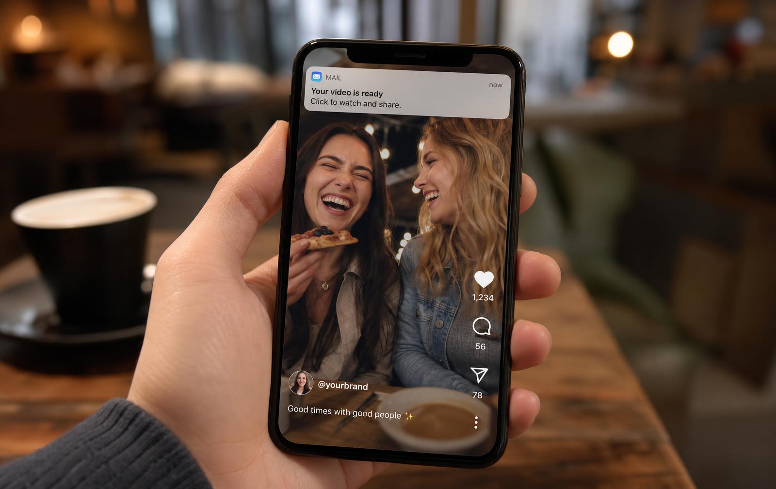 A phone showing the finished share video with the brand handle in the caption