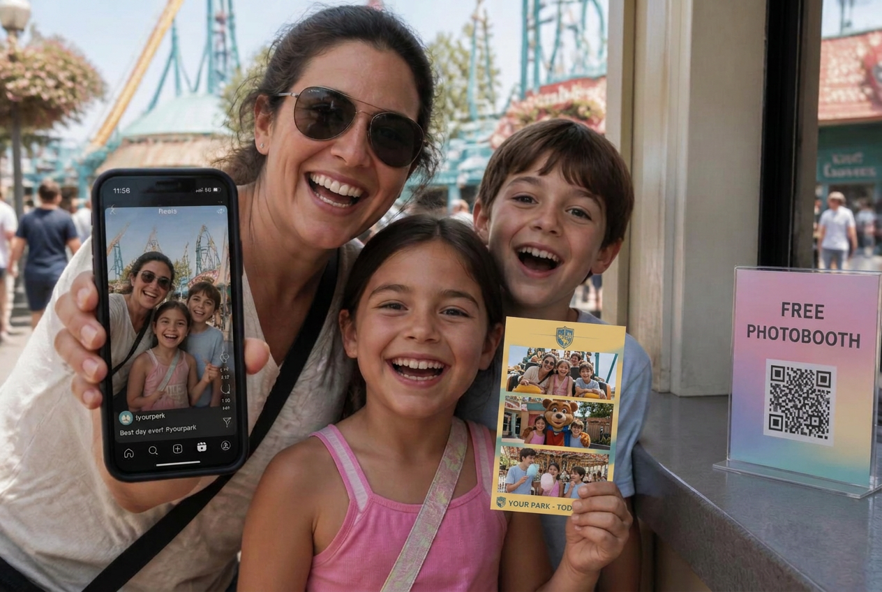A family at the park entrance: the mother holds up her phone with the clip she just shared, the kids hold a yellow branded photo postcard, next to a small “Free Photobooth” QR sign
