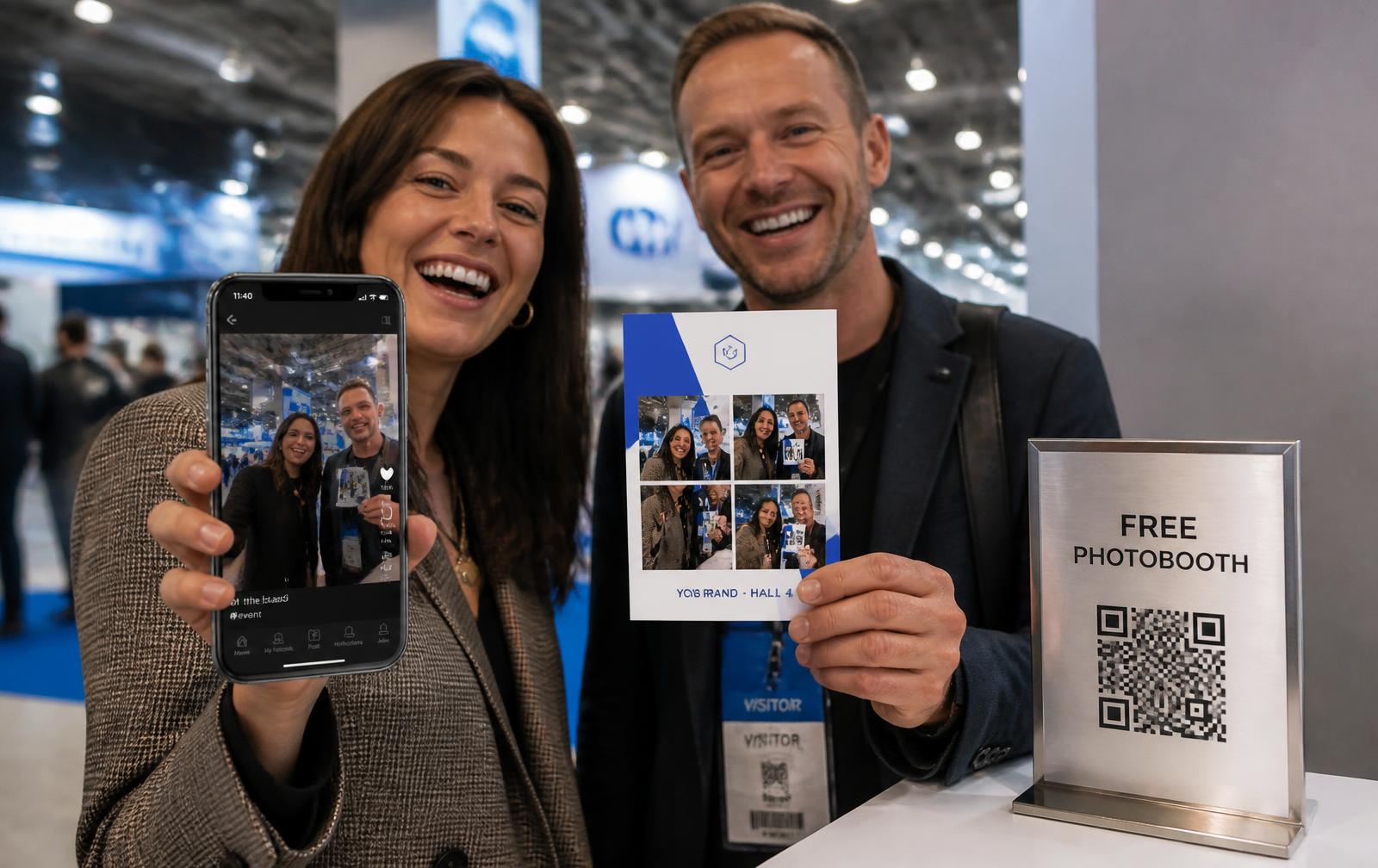 Two visitors at a trade show stand: one holds up her phone with the clip she just shared, the other a white and blue branded postcard, next to a steel “Free Photobooth” QR sign